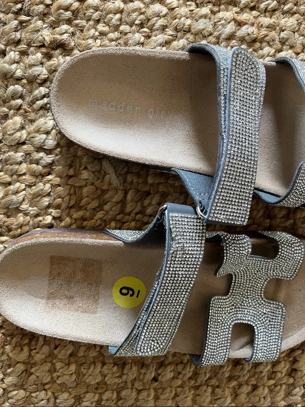 Madden Girl Silver Sparkle Velcro Double-Strap Slide Sandals Bling Sz 9